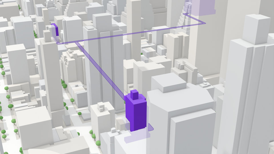 3D map close-up: ICR New York in violet on East 38th Street, among light grey towers, with the walking route leaving it