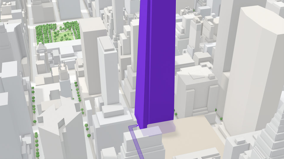 3D map close-up: One Vanderbilt as a tall violet tower beside Grand Central, where the walking route ends