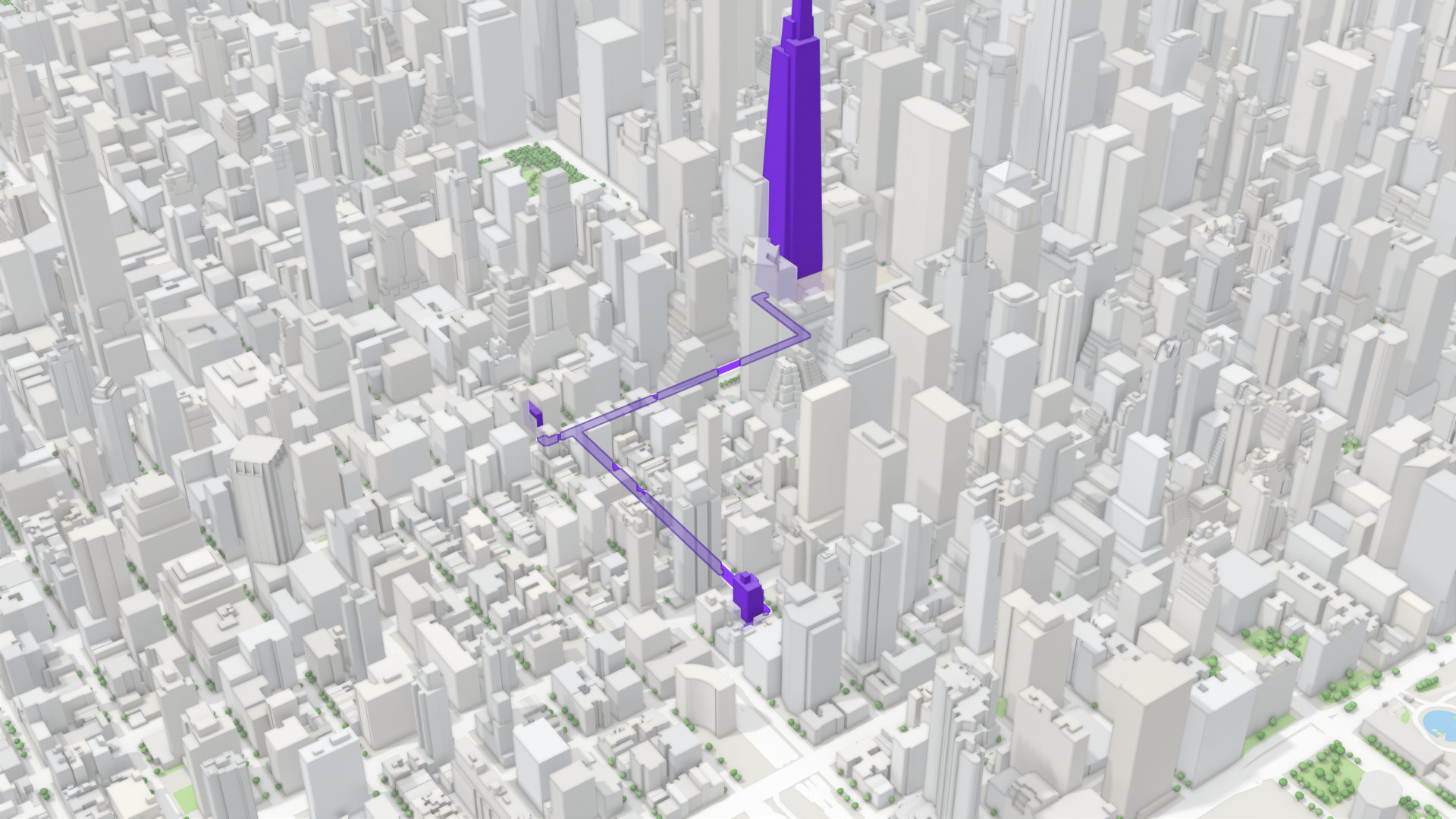 A 3D map of Midtown East: ICR New York, Scandinavia House and One Vanderbilt in violet, joined by the walking route