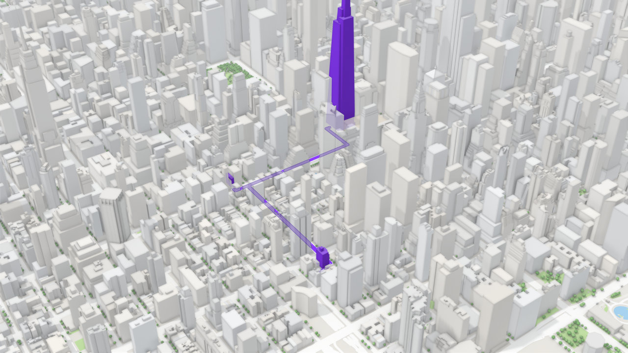 A 3D map of Midtown East: ICR New York, Scandinavia House and One Vanderbilt in violet, joined by the walking route