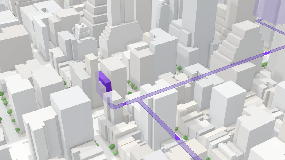 3D map close-up: Scandinavia House in violet on Park Avenue, with the violet walking route passing it