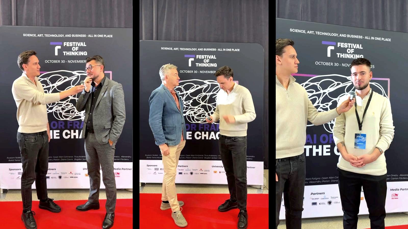 Interviews in front of the Festival of Thinking banner at a past edition in Bucharest